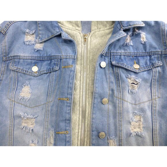 Distressed Denim Hooded Jacket With Playful Rips & Layered Style 1X Thrill Jeans - Picture 10 of 13